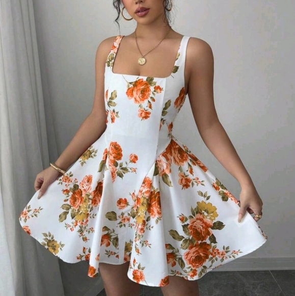 Dresses & Skirts - Women's Floral Print Square Neck Sleeveless Mini Dress, Holiday Style
